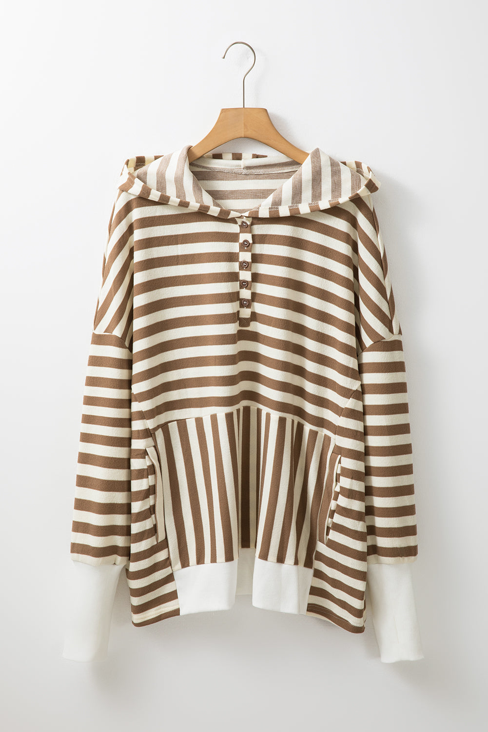 Brown Stripe Drop Sleeve Plus Size Henley Hoodie