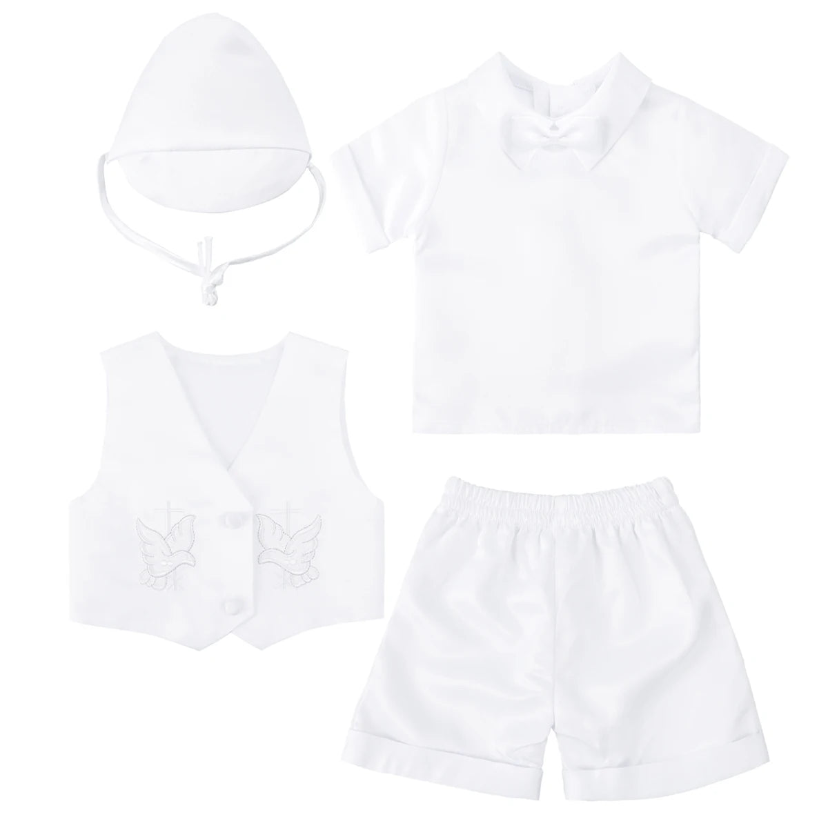 Baby Boys Baptism Suits Infant White Cartoon Dove Newborn Short Sleeve Bow Tie Tops+Shorts+Vest+Hat Christening Clothes Costume